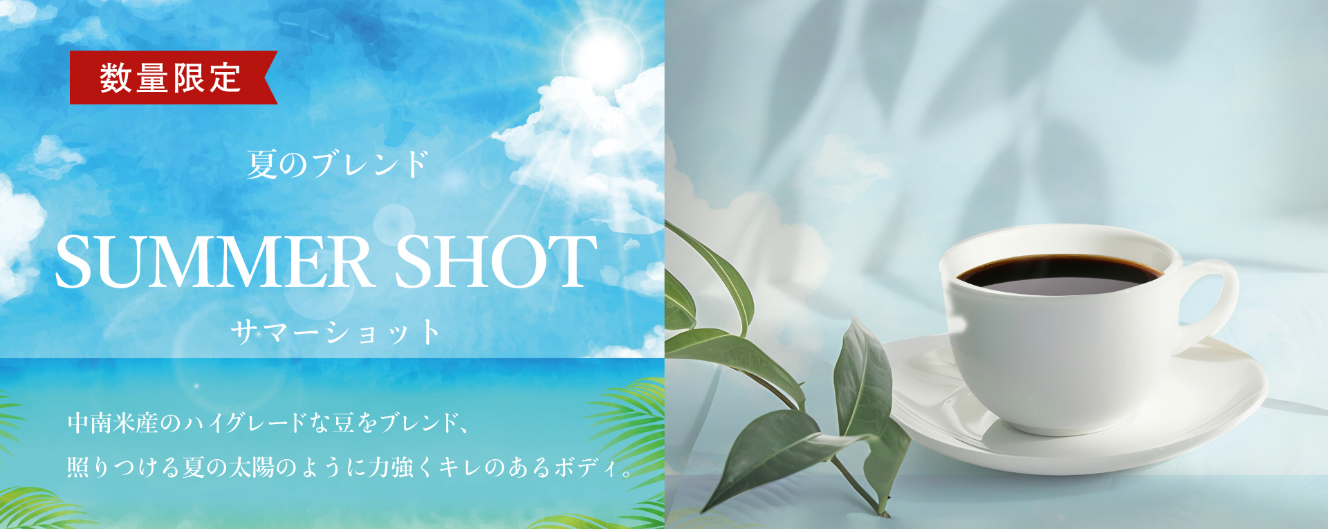 サマーショット 中南⽶産のハイグレードな⾖をブレンドし、照りつける夏の太陽のように⼒強くキレのあるボディを感じる味わいに仕上げました。
